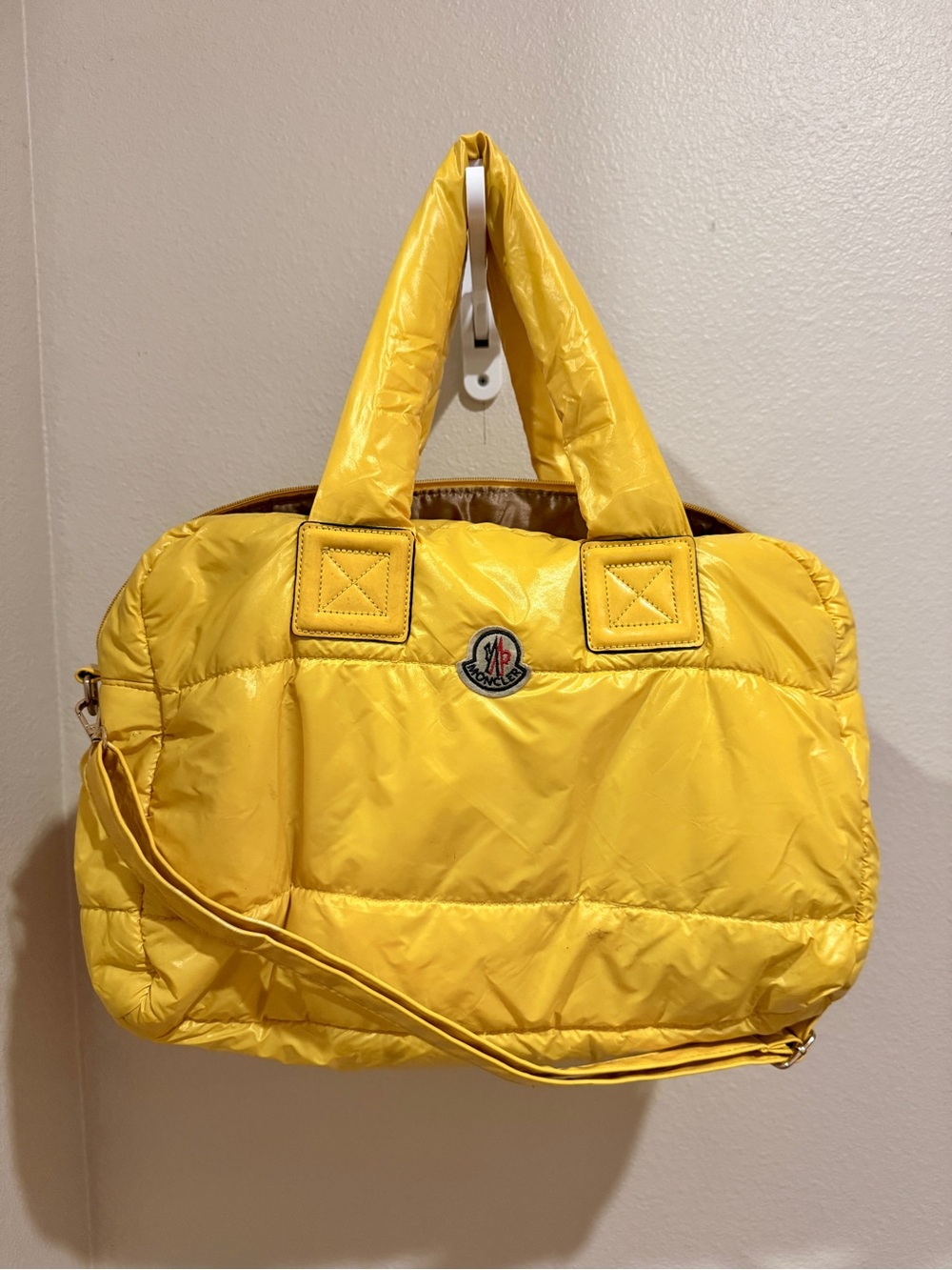 Moncler vintage yellow padded nylon Boston/duffle bag with shoulder strap